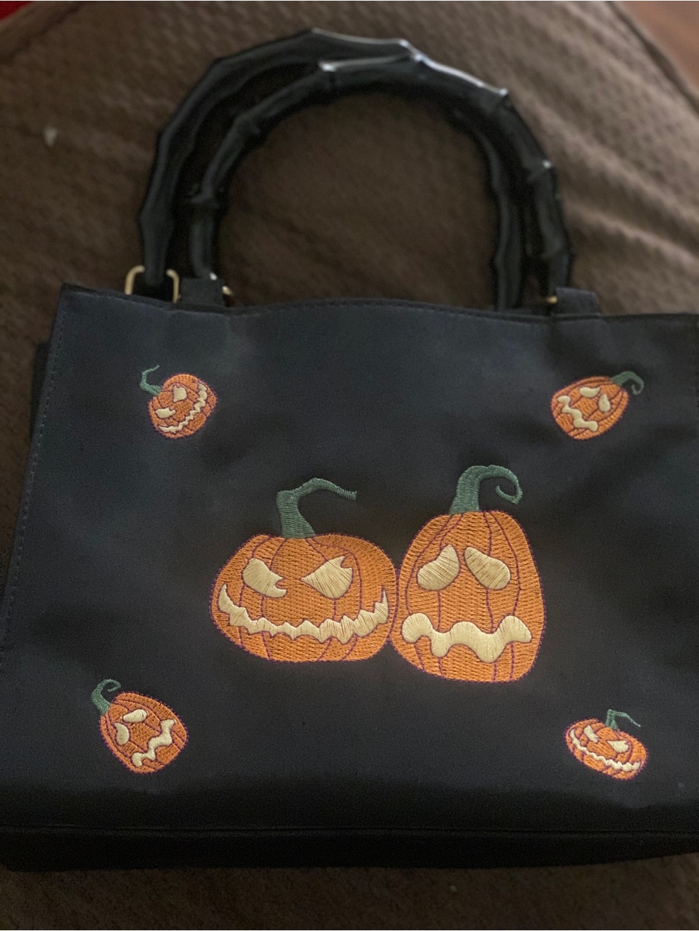 Kim Roger’s Holiday Black Pumpkin Embroidered Tote Bag